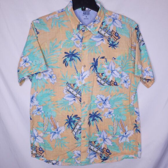 Izod Saltwater Shirt Mens XL Floral Orange Dockside Chambray - Picture 1 of 10